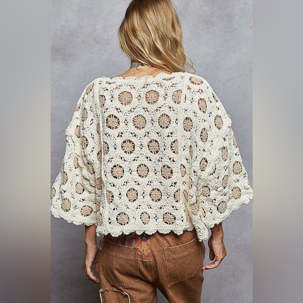 POL Crochet Boxy Crop Top in Cream with Brown Accents - Picture 3 of 3